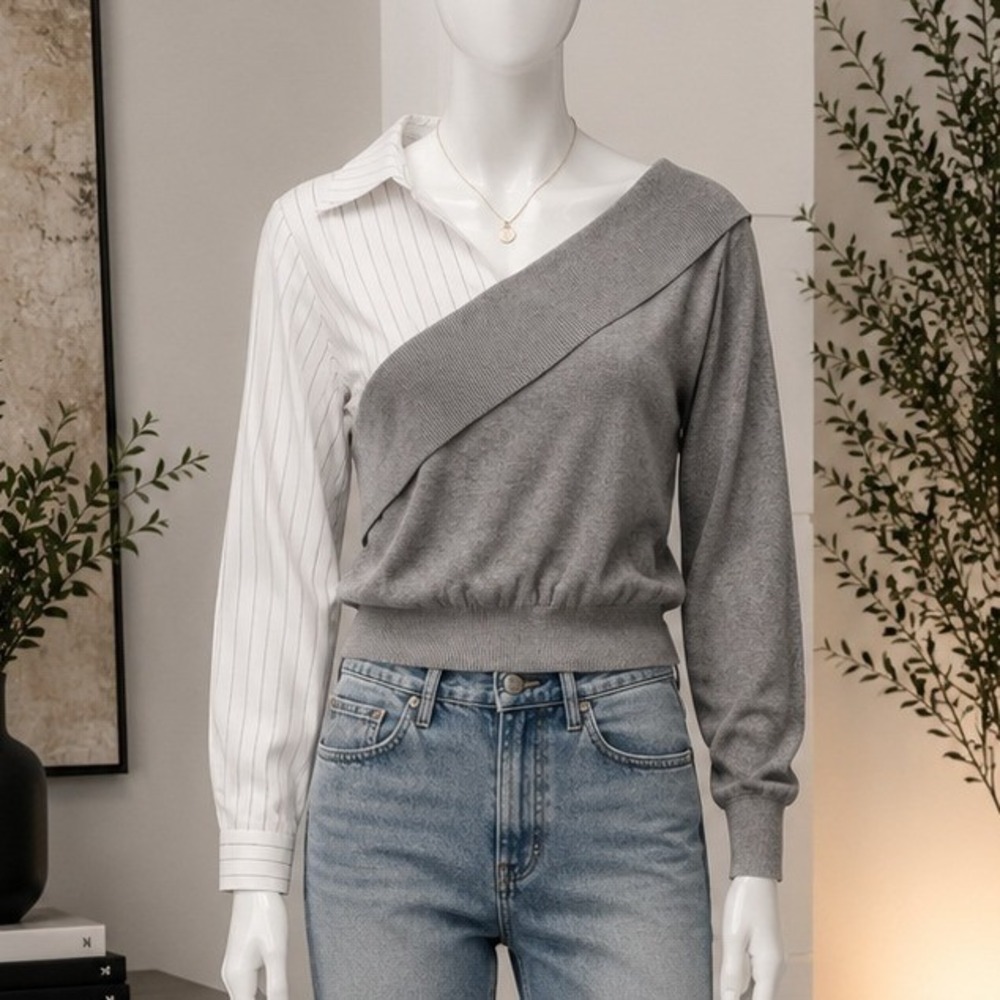Andree by Unit Women Top Asymmetrical Ruffle Mixed Media Gray Striped Small